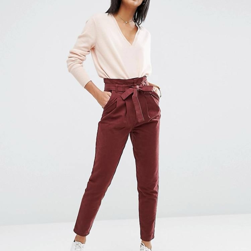 NWT ASOS High Waist Paperbag Straight Leg Pants front pleated tie waist